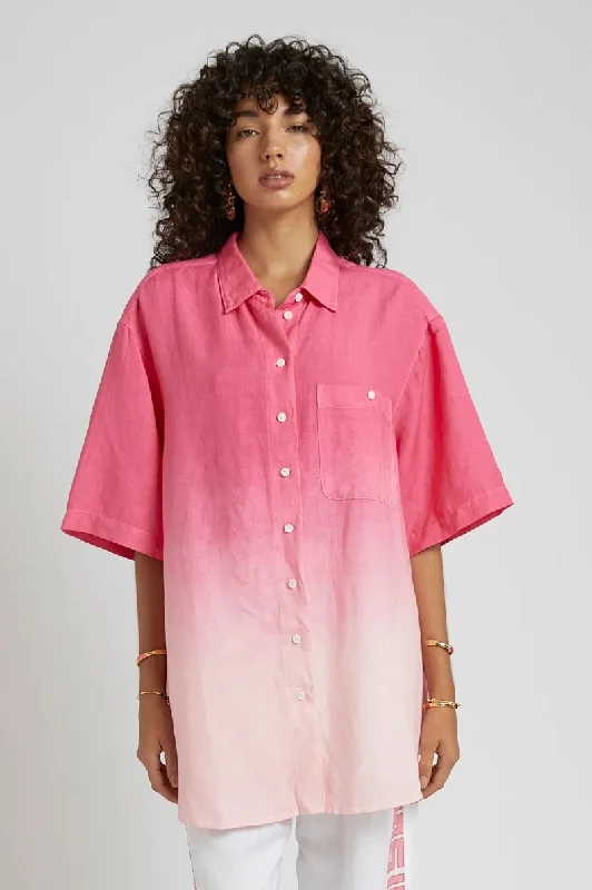 SUMMI SUMMI Womens Big Shirt Linen - Pink Fade-- Front Pockets Side Pockets Patch Pockets