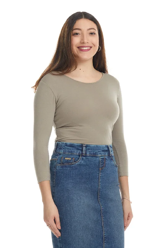 Brown 3/4 Sleeve Snug Fit Cotton Boat Neck Layering Shirt for Women-- Chenille Blend Fleece Blend Nylon Blend