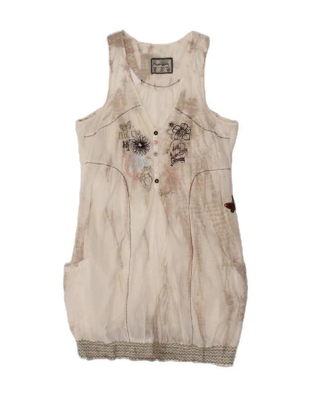 DESIGUAL Womens Sleeveless Bubble Dress EU 44 XL Beige Floral Cotton Tunics Velvet soft