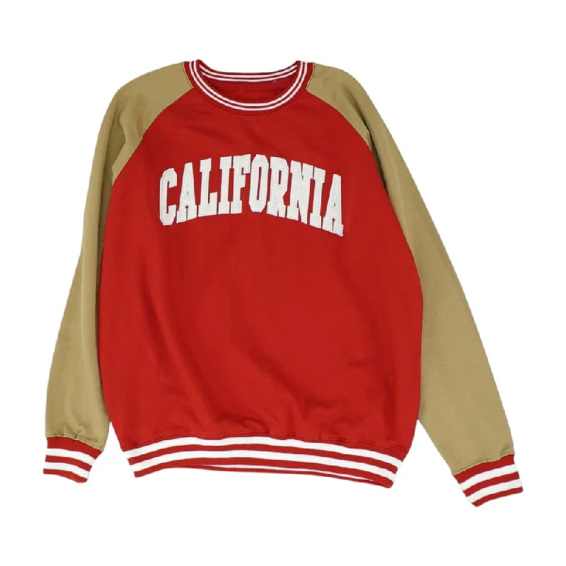 Red Color Block Sweatshirt Hoodie with Emblem Brand Identity