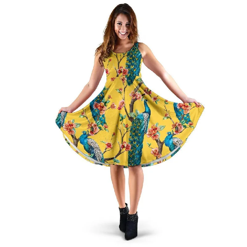 Yellow Peacock Floral Pattern Print Dress Tunics Sophisticated sleek