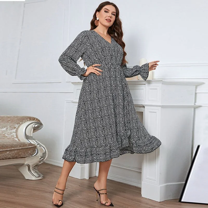 BerriesJam - Long Sleeve V Neck Floral Printed Midi Ruffles Dress Tunics Leisure comfortable