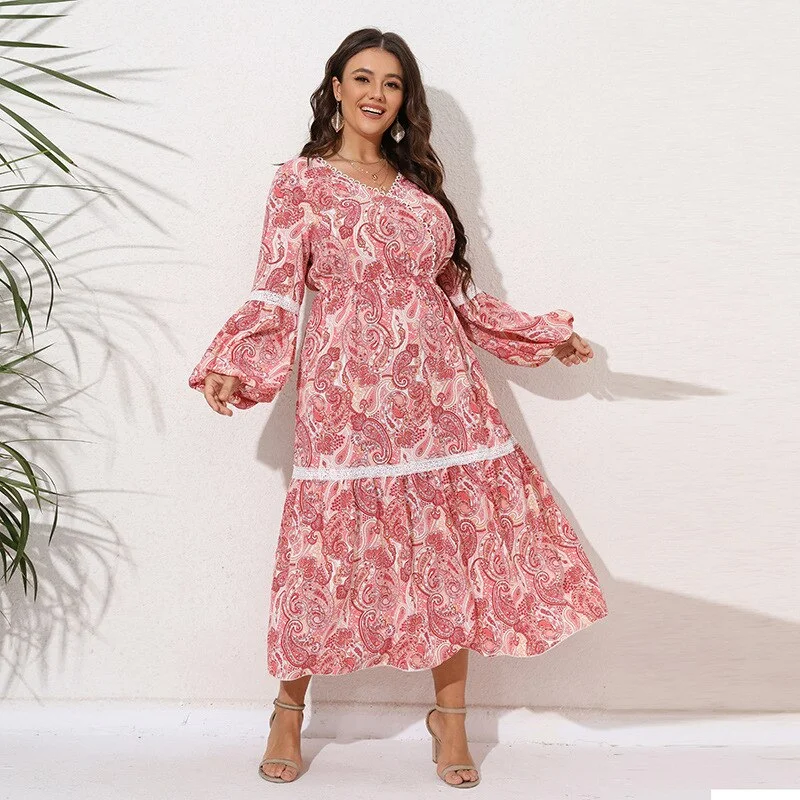 BerriesJam - 2024 V Neck Bohemia Lace Patchwork Lantern Sleeve Dress Tunics Bridal satin