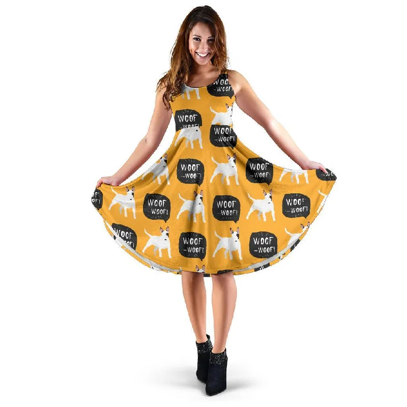 Woof Woof Bull Terrier Pattern Print Dress Boat Neckline Classic