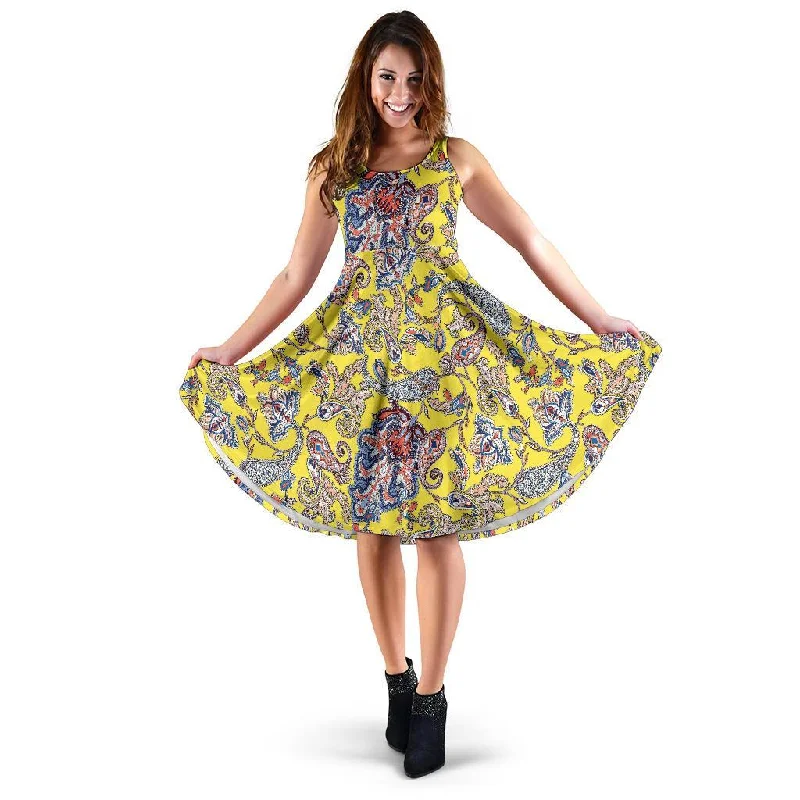 Yellow Paisley Pattern Print Dress Casual Short Summer