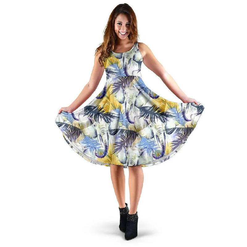 Tropical Palm Leave Elephant Print Dress Maxi Flowy Bohemian