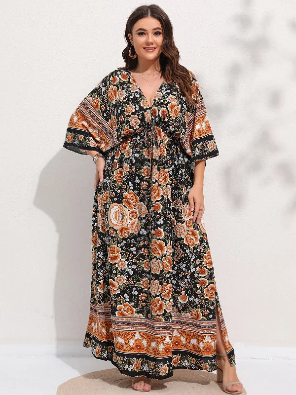 BerriesJam - 2024 2024 Retro Floral Print Deep V-neck Split Thigh Dress Tunics Sophisticated sleek