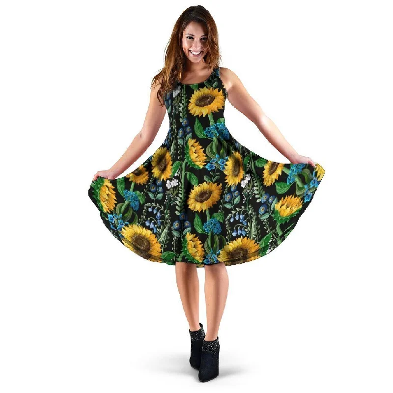 Black Sunflower Floral Dress Tunics Winter warm