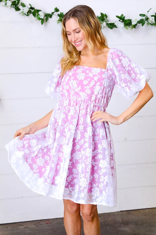 Magenta Floral Burnout Velvet Puff Sleeve Dress Tunics Long Elegant