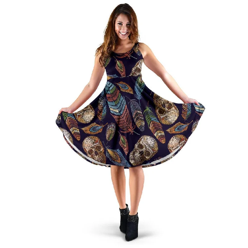Sugar Skull Skeleton Girly Feather Boho Pattern Print Dress empire Waist empire