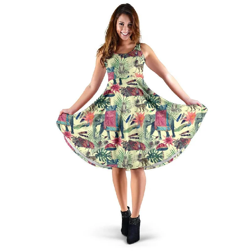 Tropical Elephant Print Dress Crew Neckline Casual
