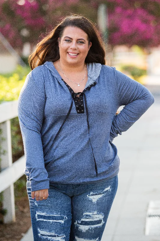 Chambray Lace Up Hoodie Hooded Sweatshirt Casual Wear Street Style