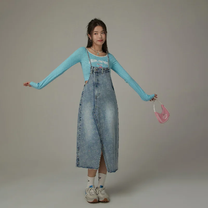 Unbalanced Denim Suspender Dress Tunics stripes playful