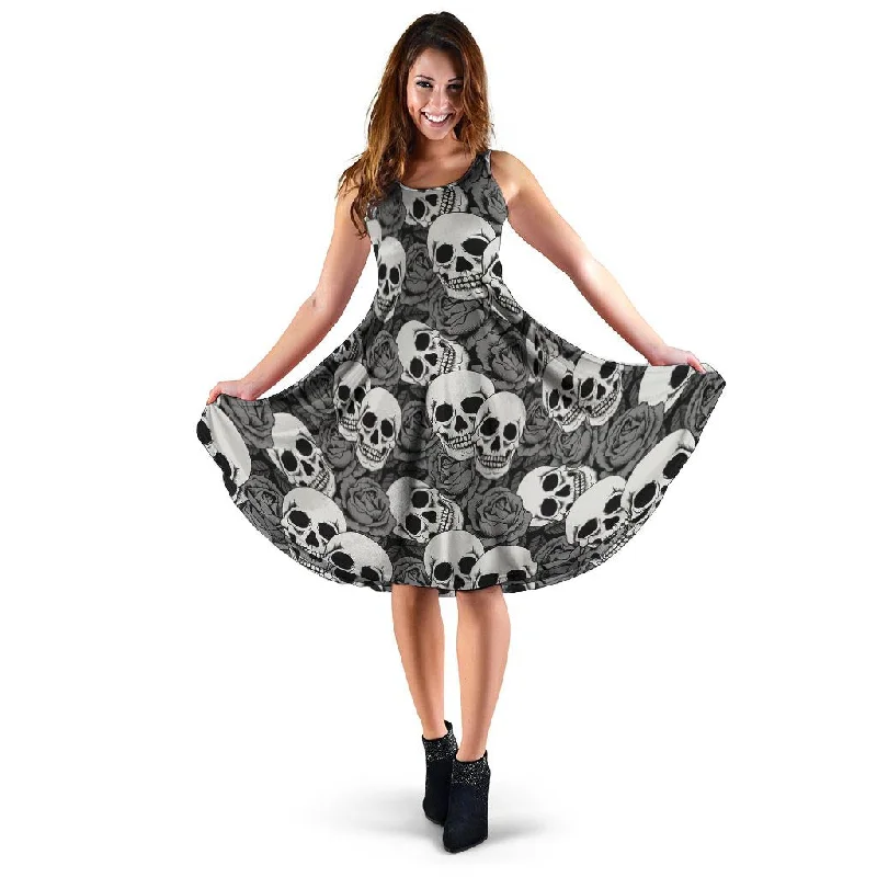 Black And White Rose Floral Skull Dress Maxi Flowy Bohemian