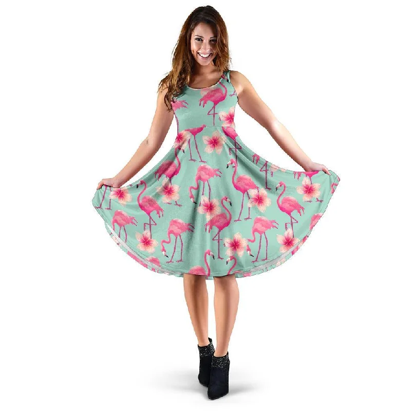 Tropical Flamingo Hibiscus Hawaiian Floral Pattern Print Dress Square Neckline Feminine