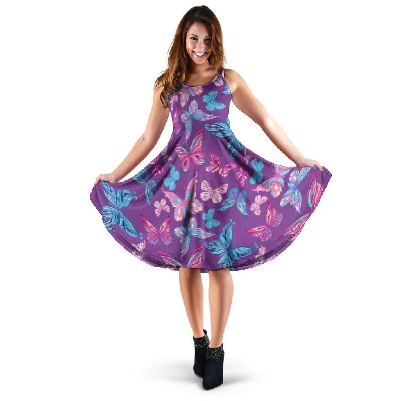 Blue And Pink Butterfly Print Dress Tunics Lace romantic