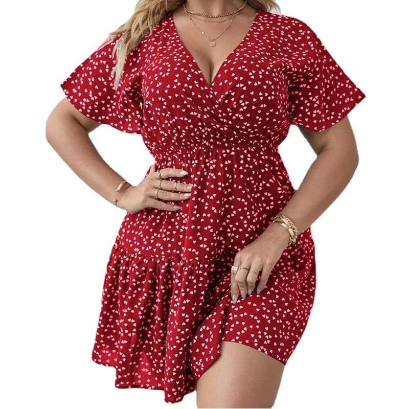 BerriesJam - Casual Heart Print Short Sleeve Loose Summer Dress Crew Neckline Casual