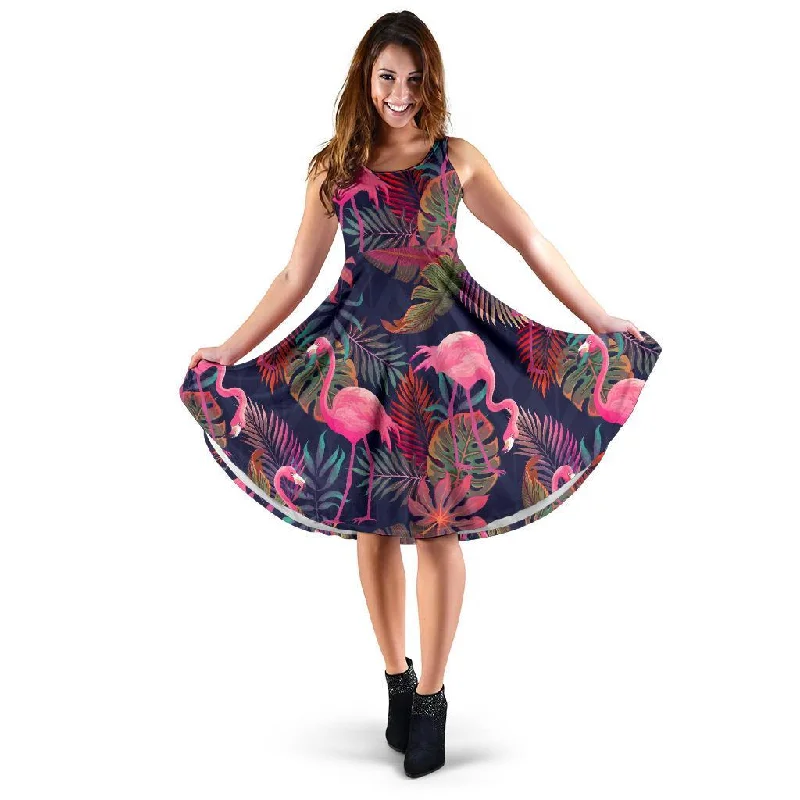 Tropical Flamingo Palm Leaves Hawaiian Floral Pattern Print Dress Boatneck Modish Everyday
