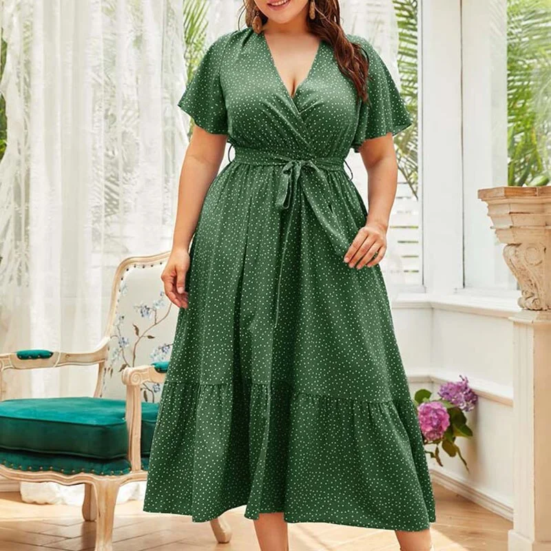 BerriesJam - Fashion V Neck Short Sleeve Polka Dot Print Casual Dress Elegant Long Evening