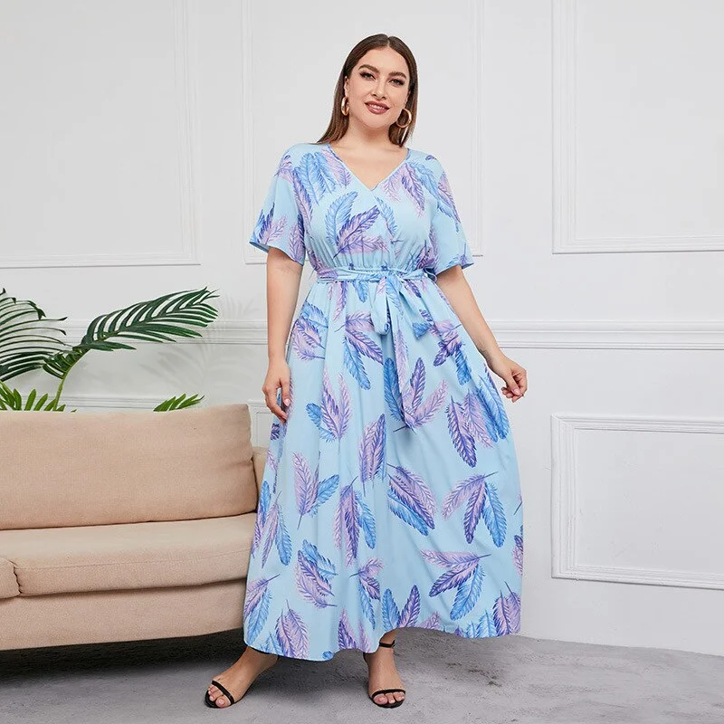 BerriesJam - 2024 Short Sleeve Floral Print V Neck Oversized Luxury Dress Tunics Short Trendy