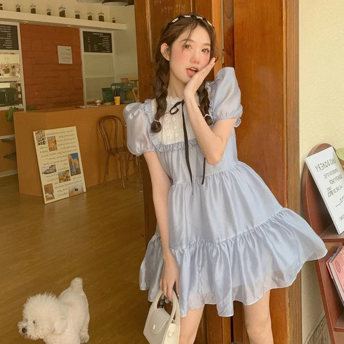 French Round Neck Puff Sleeve Babydoll Dress PL53508 Turtleneck Neckline Stylish
