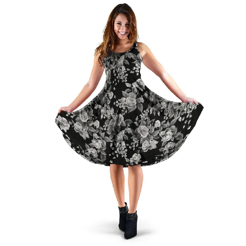 Black And White Rose Flower Dress Floral Print girly