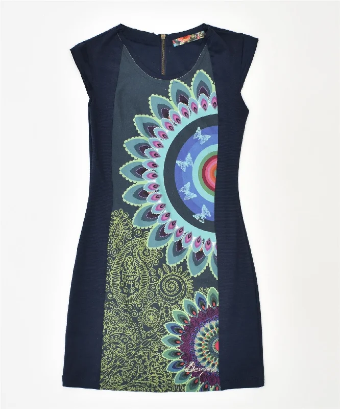 DESIGUAL Womens Graphic Sheath Dress UK 6 XS Navy Blue Floral Tunics Exclusive limited
