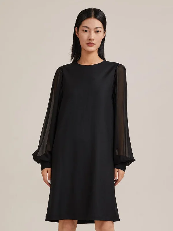 Black See-Through Sleeve Worsted Wool Dress Tunics Top rated