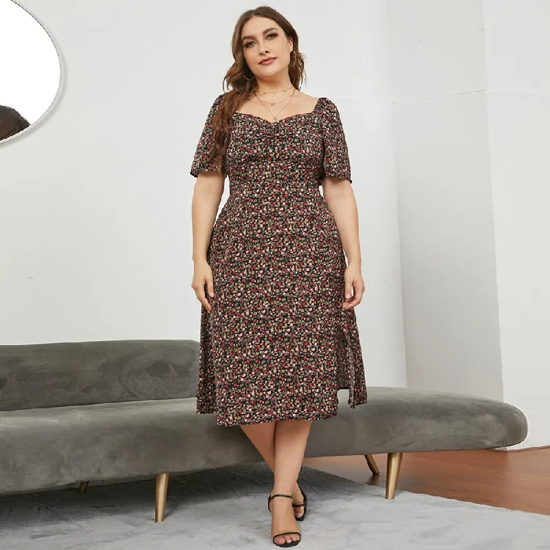 BerriesJam - Elegant Square Collar Floral Big Size Dress Tunics Formal black
