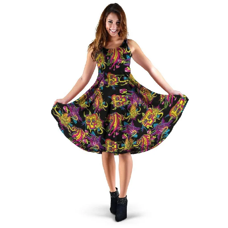 Black Skull Trippy Psychedelic Dress Tunics Spring floral