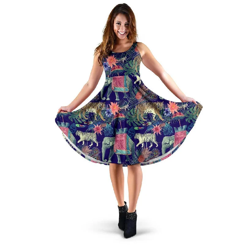Tropical Palm Leave Peacock Tiger Elephant Dress Casual Short Summer