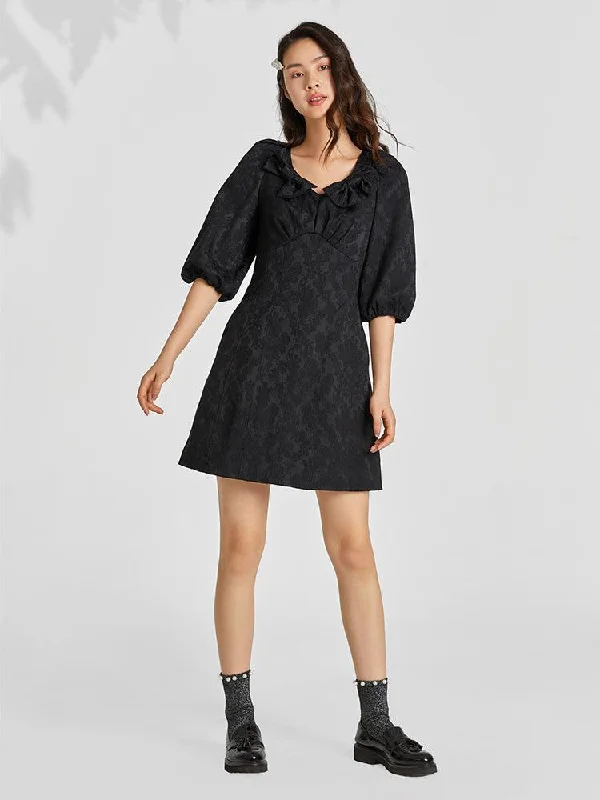 Black Jacquard V-neck Bow Dress sweetheart Neckline Romantic