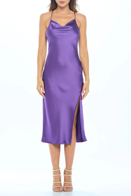 Made in USA Satin Bias Slip Dress with Slit Tunic Top Casual