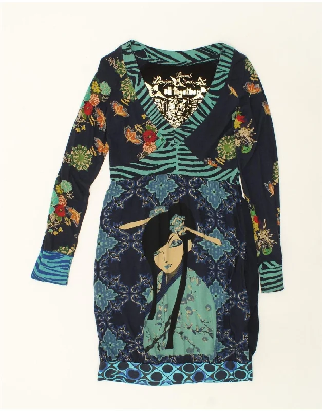 DESIGUAL Womens Graphic Long Sleeve Bubble Dress UK 10 Small Navy Blue Tunics Sophisticated sleek