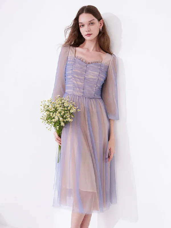 Colorful Mesh Layers See-Through Sleeve Dress Turtleneck Warm Winter
