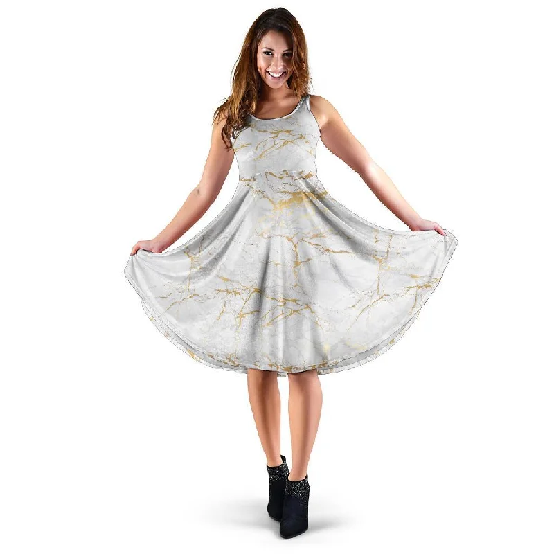 White Gold Marble Pattern Print Dress Tunics Business professional