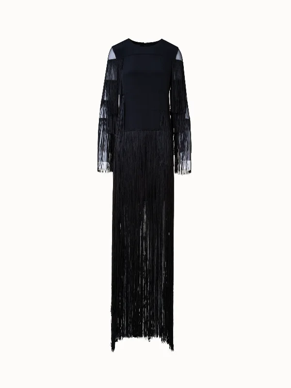 Long Silk Evening Dress with Fringes Cowl Neckline Elegant