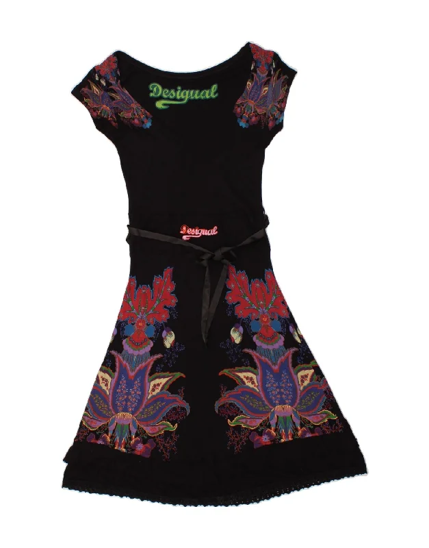 DESIGUAL Womens Graphic A-Line Dress UK 10 Small Black Floral Tunics Stylish elegant