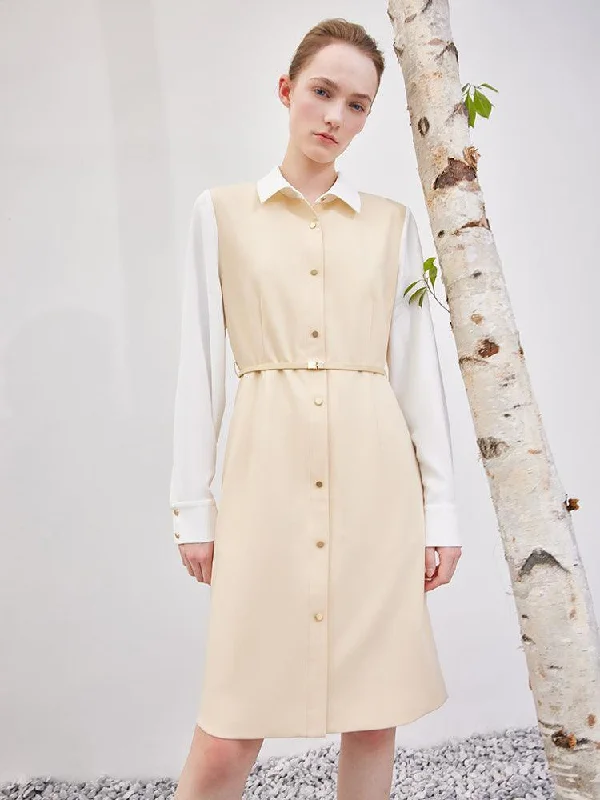 Cream Yellow Double-Layer Patchwork Dress Tunics stripes playful