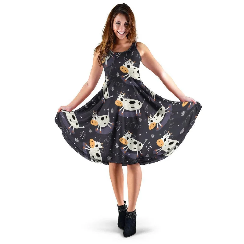Black Cartoon Cow Print Dress Tunics Practical easy-care