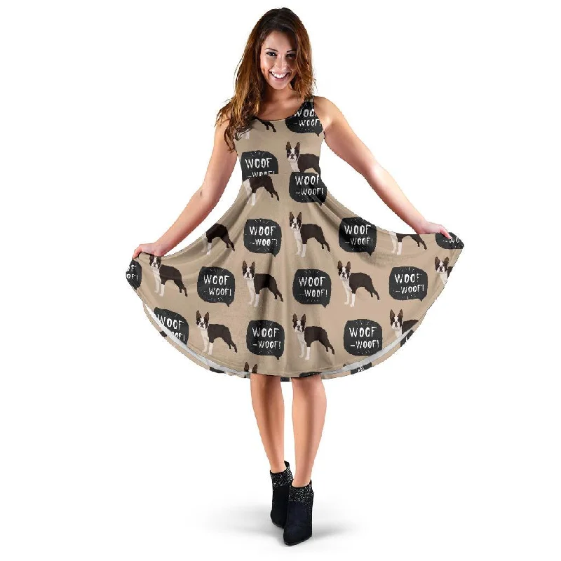 Woof Woof Boston Terrier Pattern Print Dress Cowl Neckline Elegant