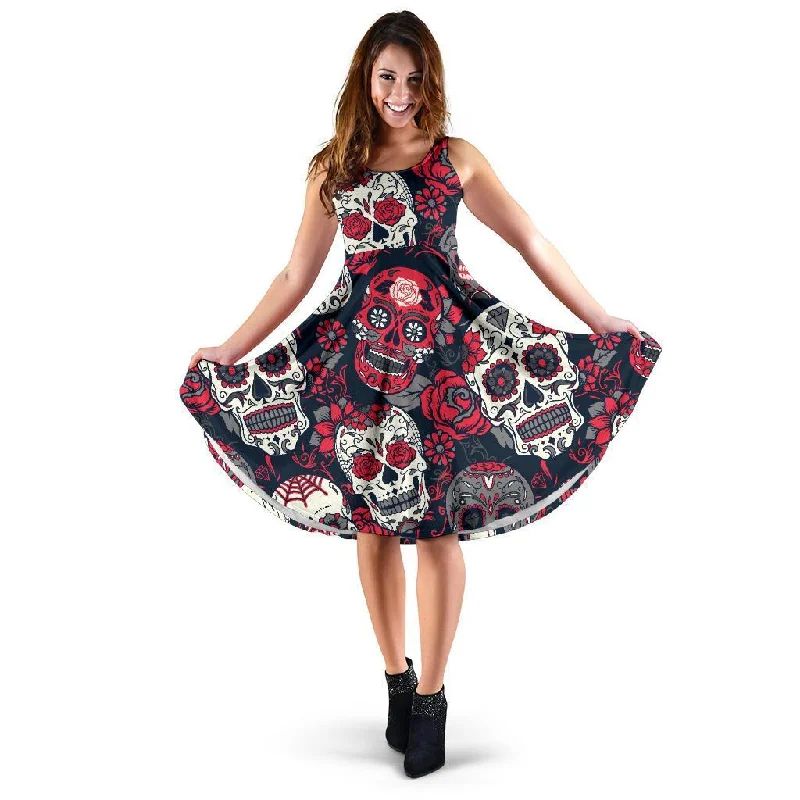 Sugar Skull Skeleton Girly Rose Floral Pattern Print Dress Boat Neckline Classic