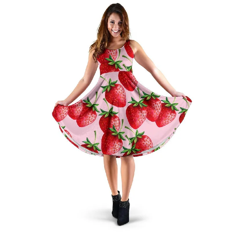 Strawberry Pattern Print Dress Turtleneck Neckline Stylish