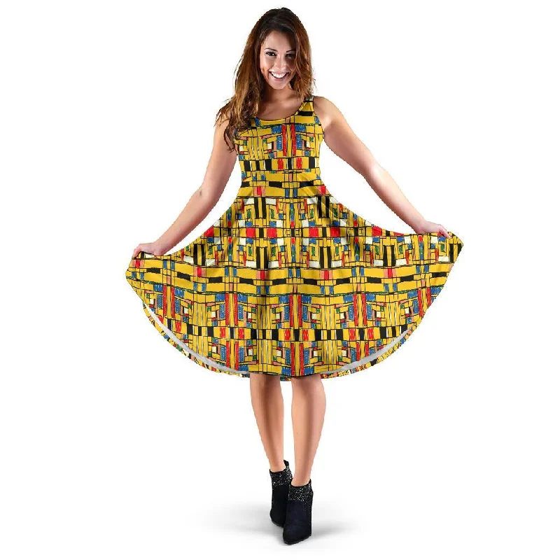 Yellow Mondrian Pattern Print Dress Bodycon Club Sequined