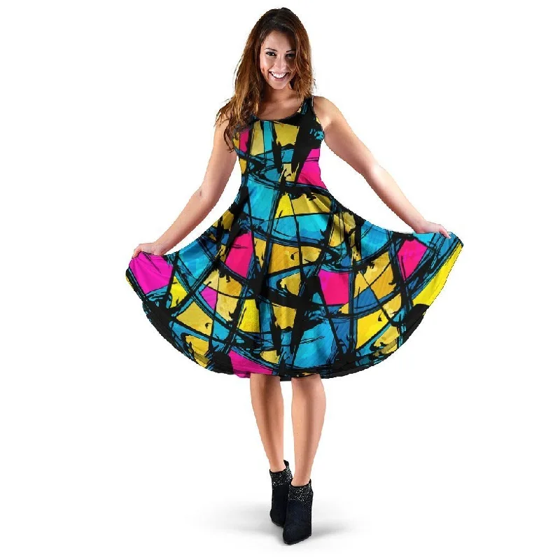 Abstract Psychedelic Graffiti Dress Turtleneck Neckline Stylish