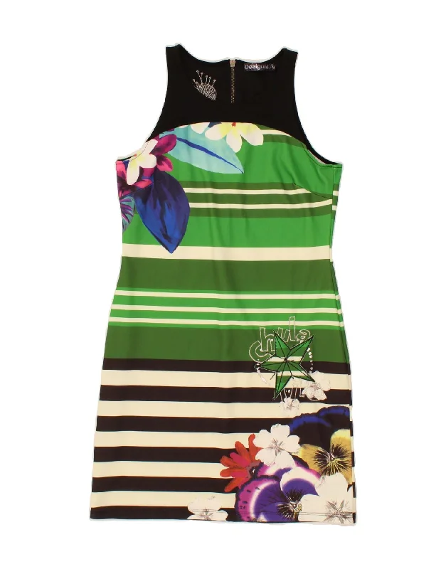 DESIGUAL Womens Graphic Sleeveless A-Line Dress UK 12 Medium Green Striped Tunics Trendy modern