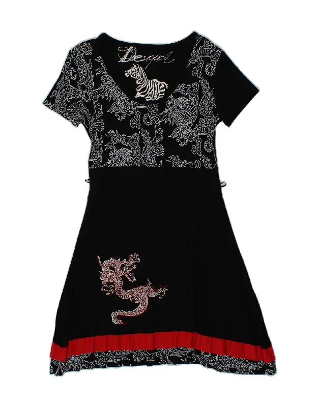 DESIGUAL Womens Graphic A-Line Dress UK 12 Medium Black Animal Print Bodycon Club Sequined
