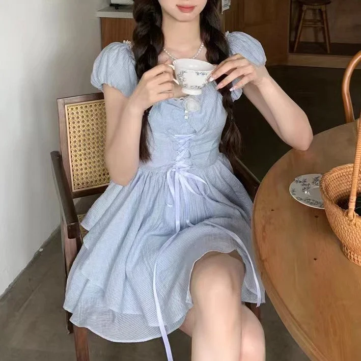 Blue Puff Sleeve Tie Princess Dress PL53366 Tunics Velvet soft