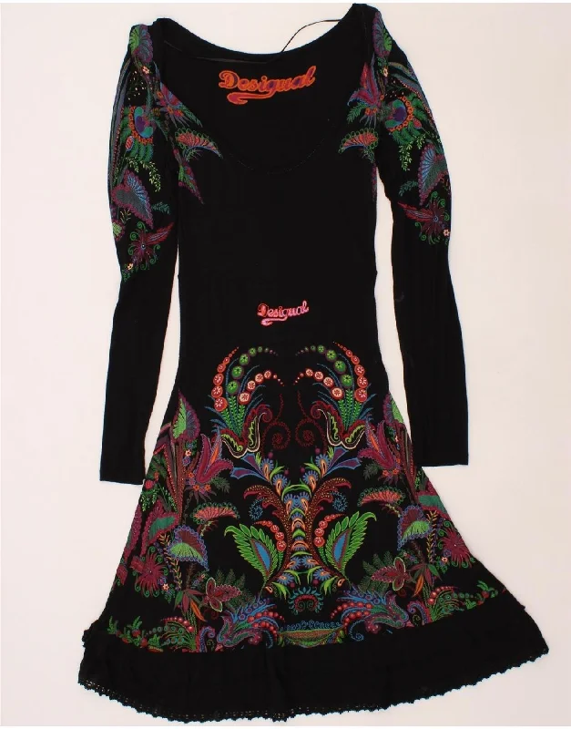 DESIGUAL Womens Long Sleeve A-Line Dress UK 14 Large Black Floral Viscose Tunics Designer luxury