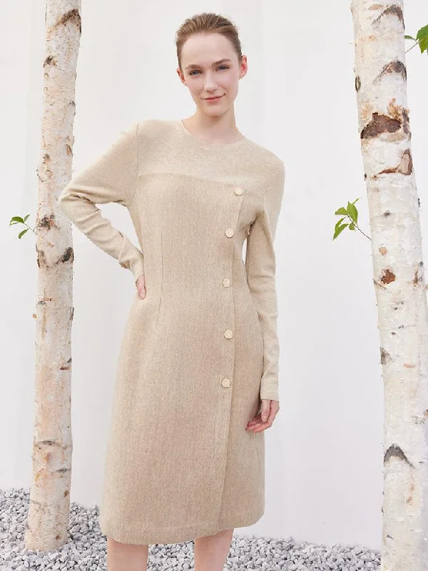 Cream Khaki Woolen Patchwork Slim Dress Tunics Polka dots